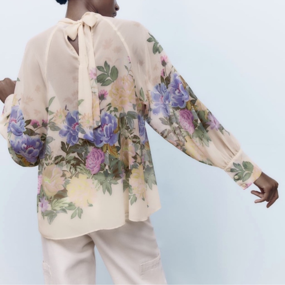 Zara Floral Cream Blouse with Purple and Peach Blooms - Picture 7 of 9